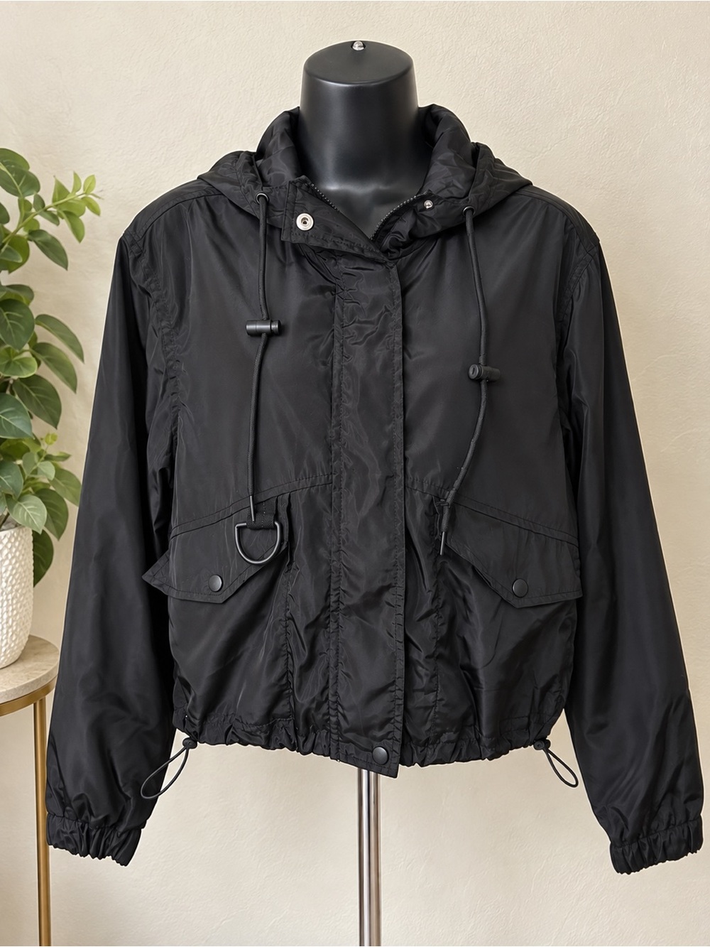Black Hooded Windbreaker Jacket - Women
